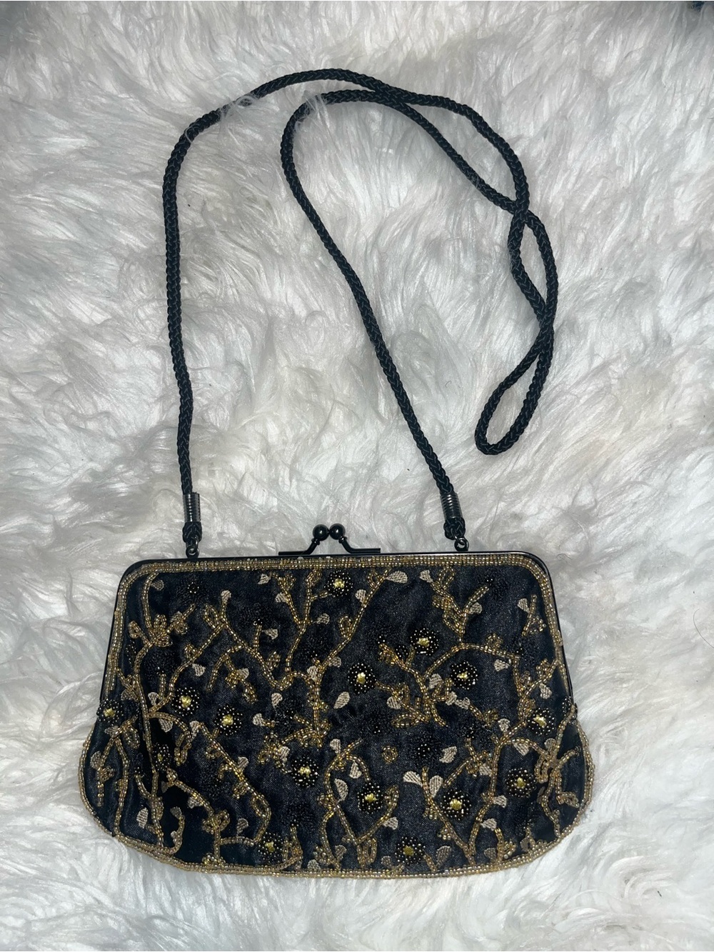 Lancome Black and Gold Beaded Embellished Crossbody Bag